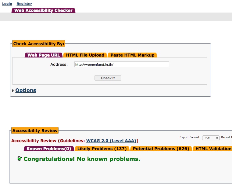 กองทุนพัฒนาบทบาทสตรี  ที่เราดูแลอยู่ เราได้ทำให้ผ่านมตรฐาน WCAG 2.0 ระดับ AAA 