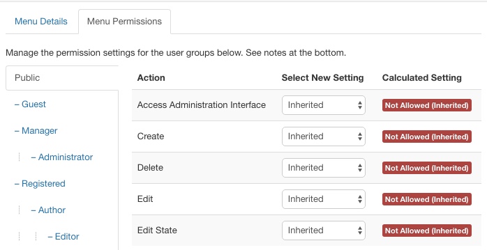 joomla36 update menu type acl