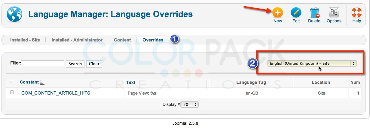 คลิ๊กที่ Override (1) จะแสดงรายการตัวแปลที่มีการเปลี่ยนแปลง และหากต้องการเปลี่ยนภาษาส่วนไหน ให้เลือกไฟล์ภาษาที่ต้องการเปลี่ยนก่อน (2) จากนั้นคล๊ก New (3)