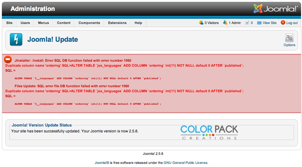 ถ้าอัพเดต joomla 2.5 แล้ว มี Error