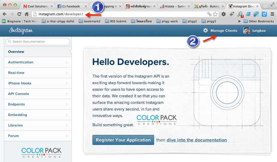 อันดับแรก คุณต้องมี user ของ Instagram ก่อน และ login แล้วเข้าไปที่ http://instagram.com/developer/ ตามรูป คลิ๊กที่ Manage Clients