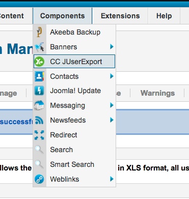 joomla user export excel menu